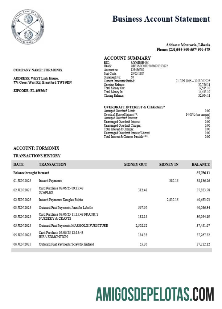 Imprimível Organização do Banco Central da Libéria Extrato de conta corrente modelo Word e PDF (1)